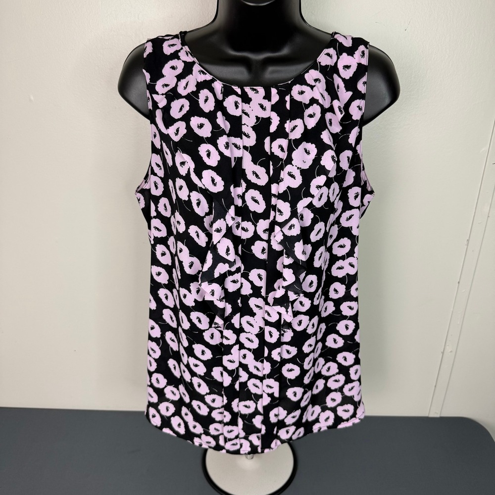 Ann Taylor LOFT Blouse Womens Medium Pink Floral Sleeveless Pleated Ruffle Top